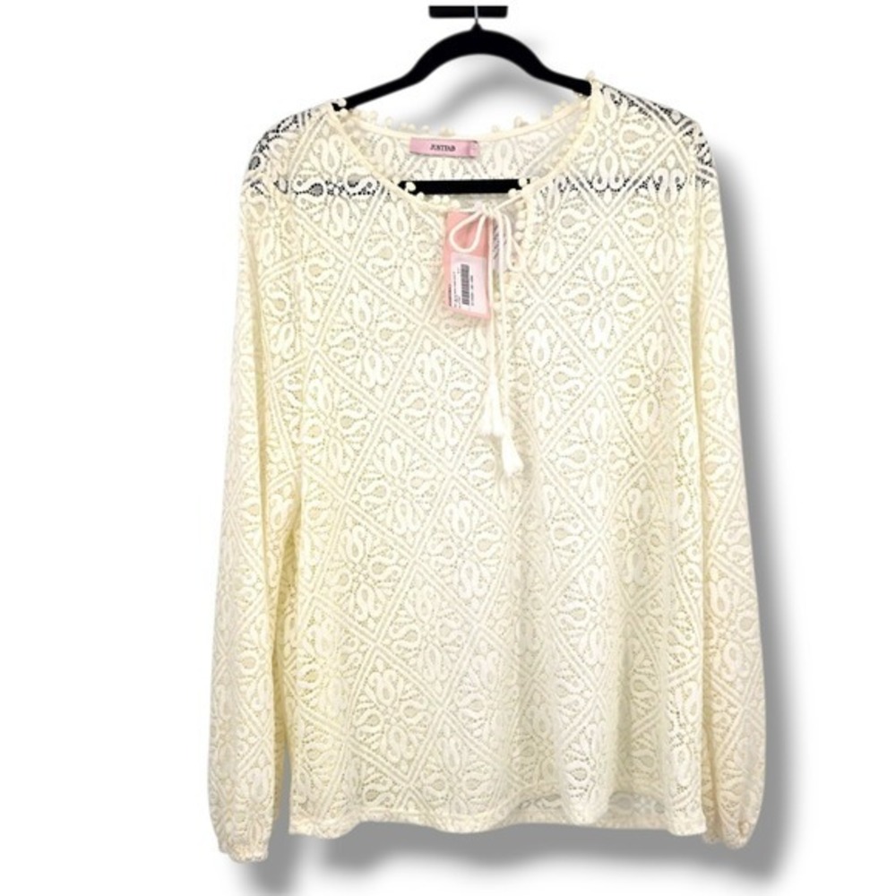 NEW JustFab Lace Top PomPom Trim Long Sleeve‎ Bohemian Blouse Cream Size XL